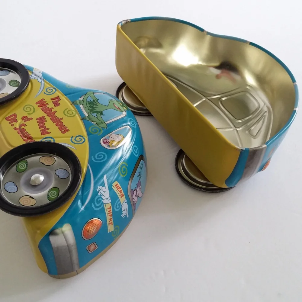 Vintage Dr. Seuss Themed Blue and Yellow Tin Toy Car